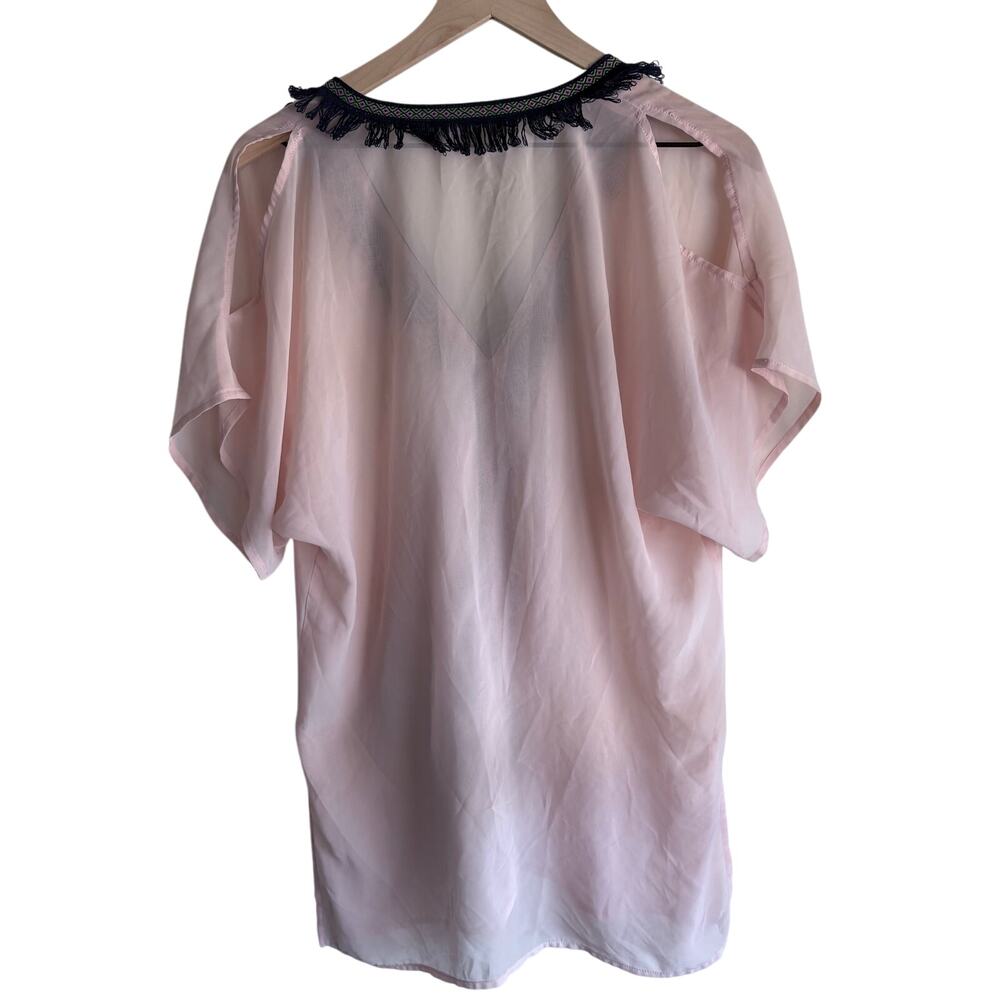 Miken Swim Cover Up Pink Fringe Sheer Lightweight Embroidered Tropical Romantic - Picture 2 of 6